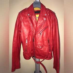 DSquared² Mens Red Biker Moto Leather Jacket  Coat  IT 48, US 38, Medium (Slim)
